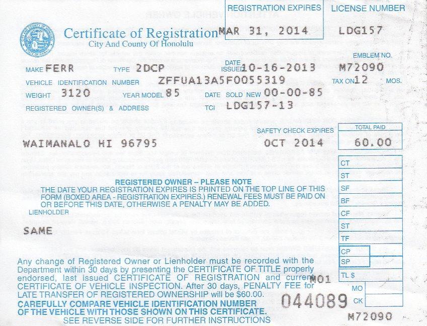 308GTSi Registration Honolulu